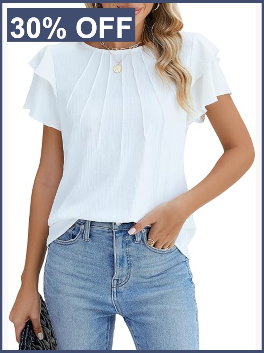 Dressy Casual Pleated Blouse Short Sleeve Crew Neck Stretch